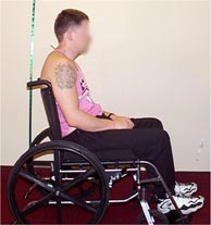 Figure 1: The traditional wheelchair configuration (still used in many medical centers), with a backrest that stops at the upper back and a backrest angle to the floor of 90 degree, causes the buttocks to slide forward and the neck to thrust frontward. Proper alignment of ears over shoulders over hips is not possible in this configuration.