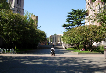 Aditya in wheelchair on the large University of Washington campus.