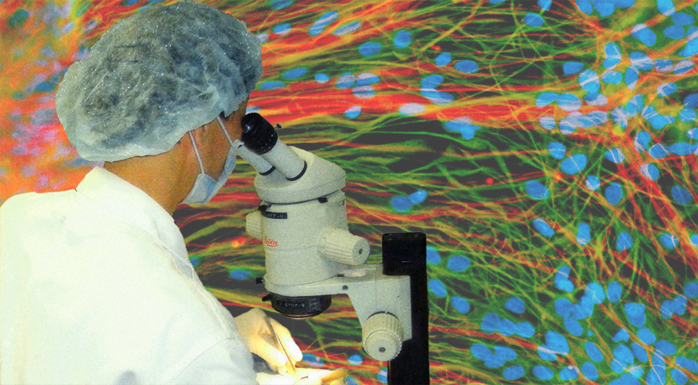 Image of scientist in lab looking into a microscope with images of nerve cells in the background.