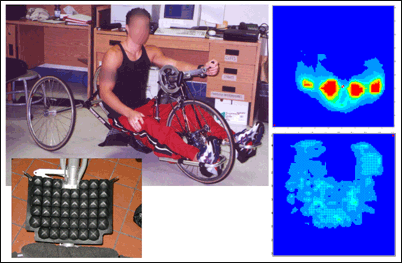 Figure 11: Pressure maps before (top) and after (bottom) adding a custom cushion to the handcycle seat.